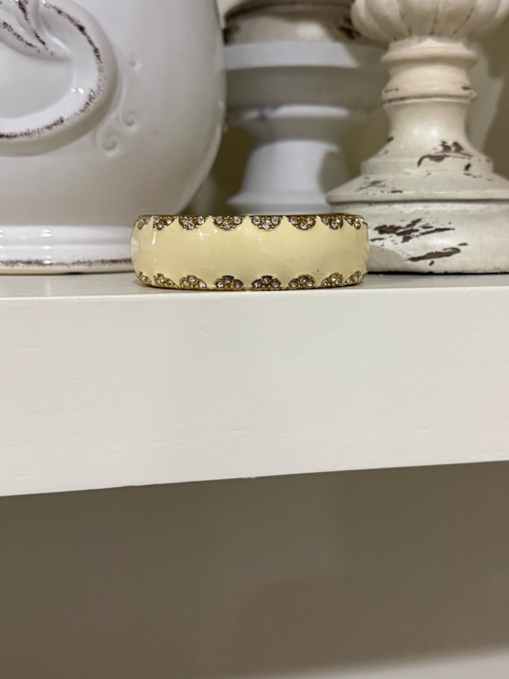 Stella and Dot Sloan Enamel Rhinestone Bangle Hinged Bracelet Cream Gold Tone